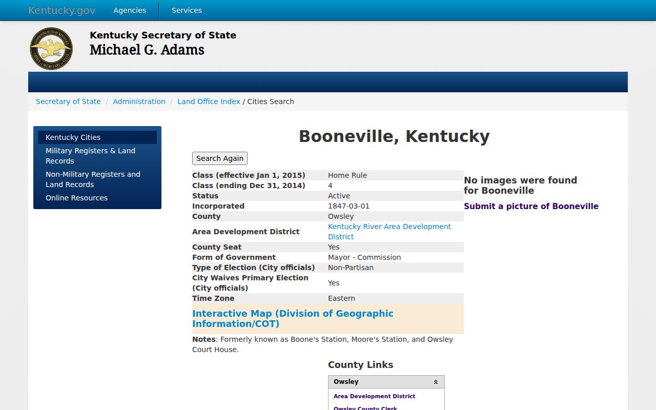 Booneville criminal history and city profile from the Kentucky Secretary of State