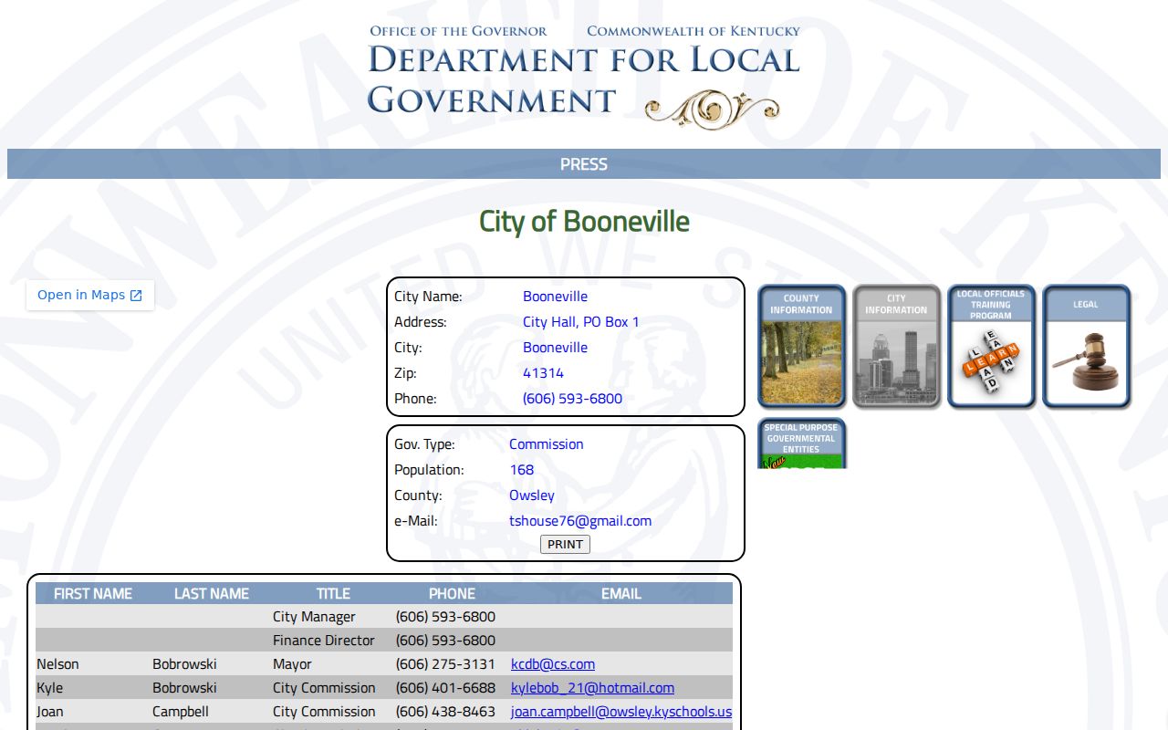 Booneville criminal records contact and police chief on the Kentucky city profile